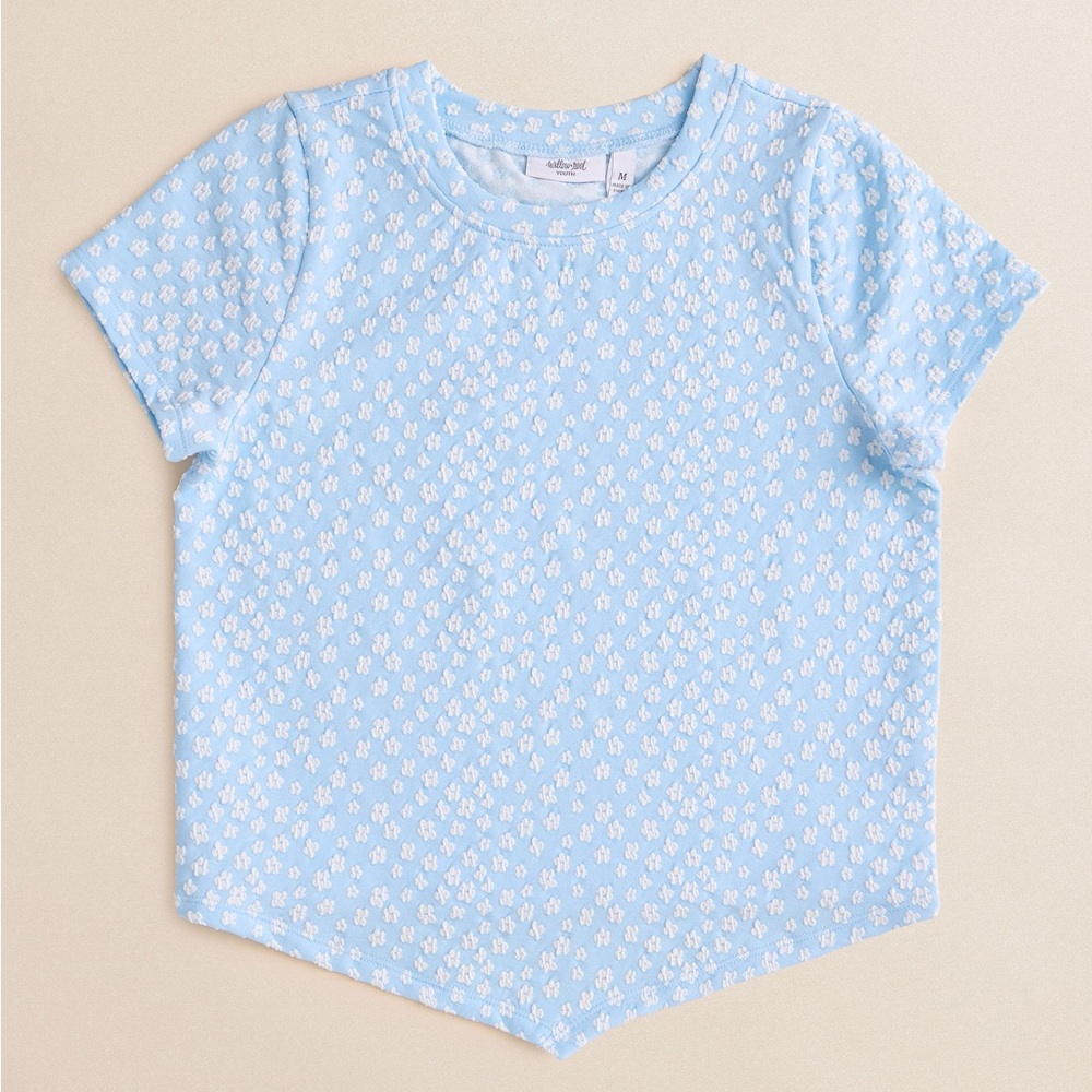 Willow&root Sky Blue Short Sleeve Tee with White Floral Pattern